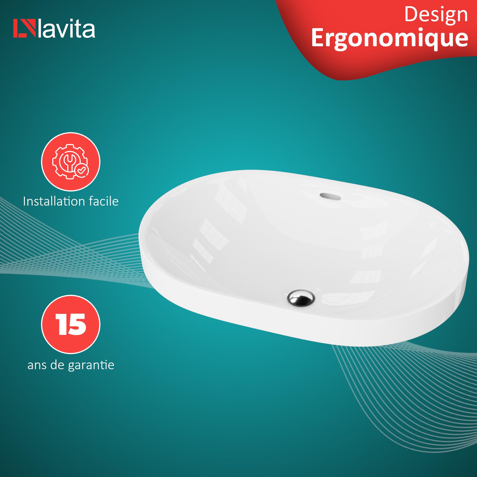 LAVITA Puebla Lavabo Suspendu Rond Faience Salle de Bain Evier Ceramique avec Trop-plein et sans Trou de Robinetterie - Céramique de Qualité Supérieure - 60 x 39 x 16,5 cm - Blanc Brillant