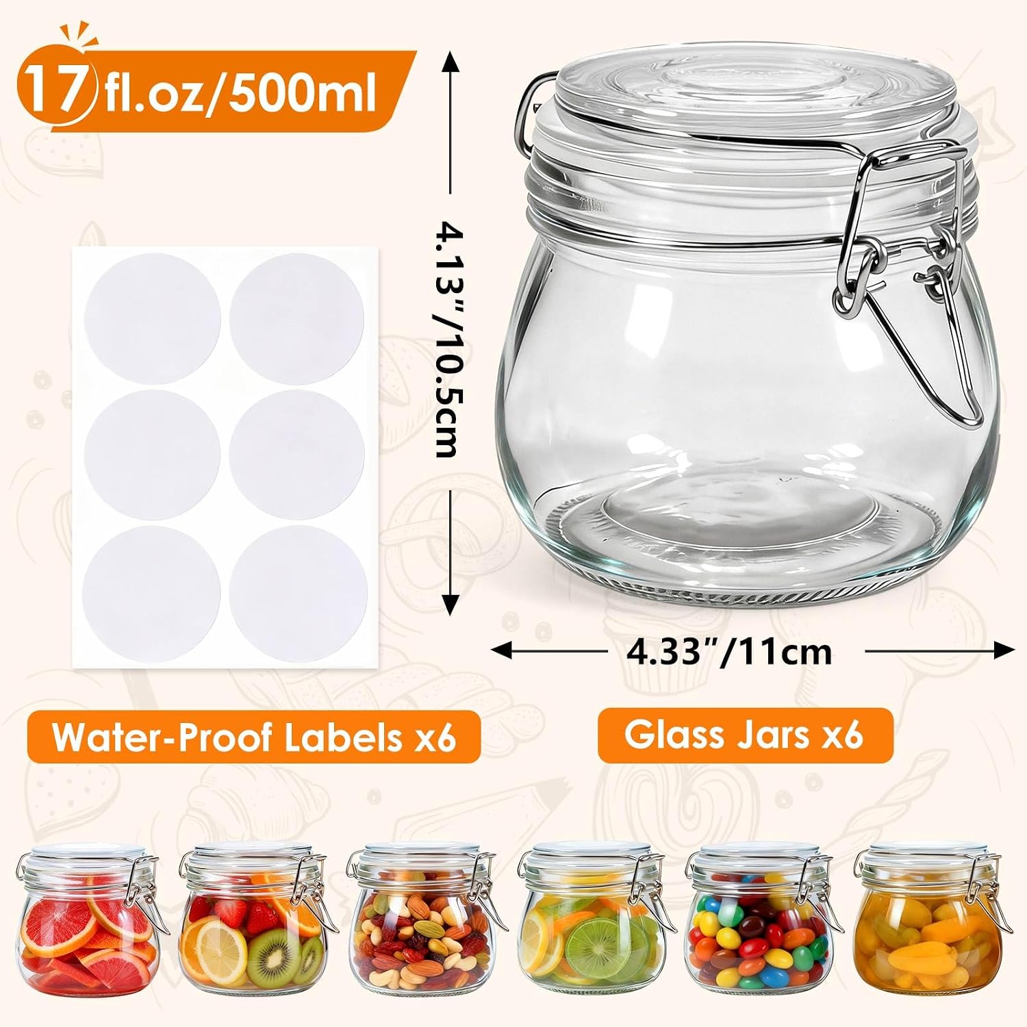 SKOCHE 17oz Glass Jars with Airtight Lids 6 Pack, Air Tight Glass Storage Jar, Leakproof 17 oz Jars with Seal Wire Clips for Pickling, Kitchen, Canning Jam, Food Storage, Preserving Nuts and Snacks image 4