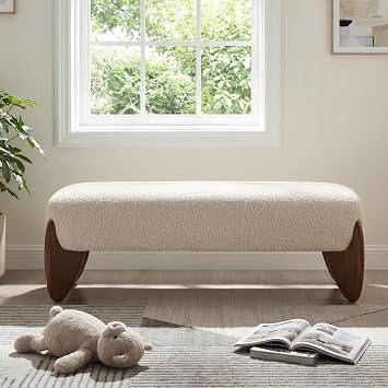 CIMOTA Boucle Entryway Bench Modern Beige End of Bed Bench for Bedroom/Hallway Mudroom/Living Room, Window Bench with Padded Seat/Scalloped Wooden Legs, 50 Inch Long/Sherpa