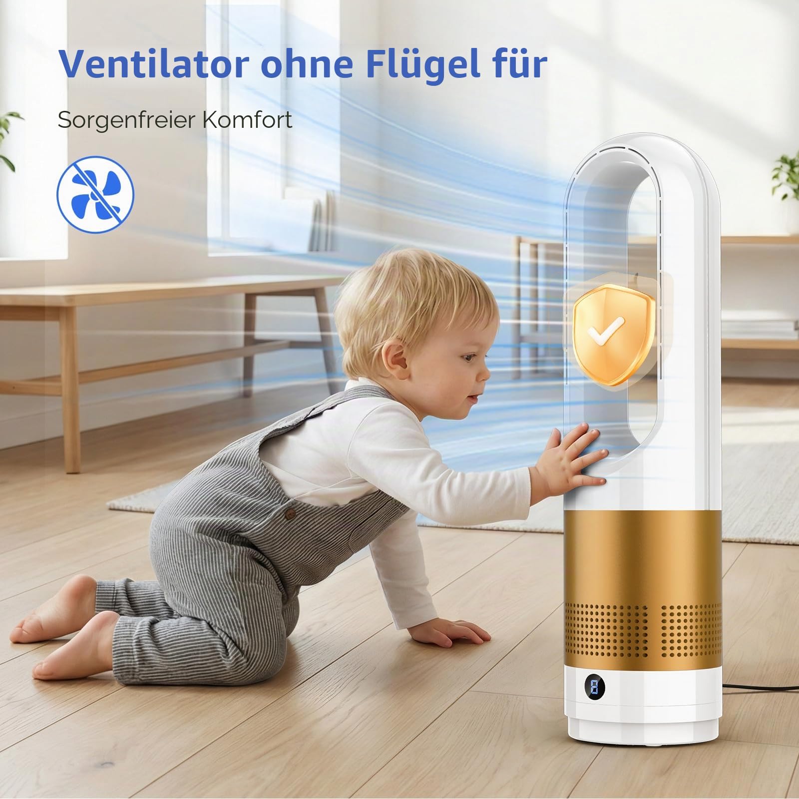 IERAKOR Rotorloser Turmventilator 56cm, Ventilator Leise (Gold) | 8 Geschwindigkeiten, 80° Oszillation, 8H Timer, mit Fernbedienung, sicheres Design für Kinder, für Schlafzimmer und Büro