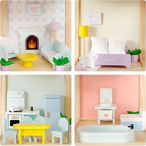 Miniatura 2 de Casa de muñecas de madera de 3 pisos con muebles de 38 piezas  Casa de juegos moderna de fácil montaje  Techo verde menta, colores neutros de género