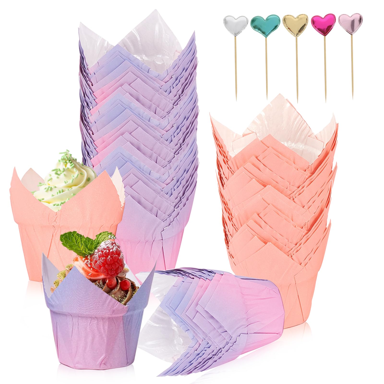 Papierowe foremki do muffinek, 100 sztuk, 50 sztuk dekoracji babeczek, tulipanów, papierowe foremki do muffinek, na przyjęcia urodzinowe, wesela (gradient fioletowy + różowy)