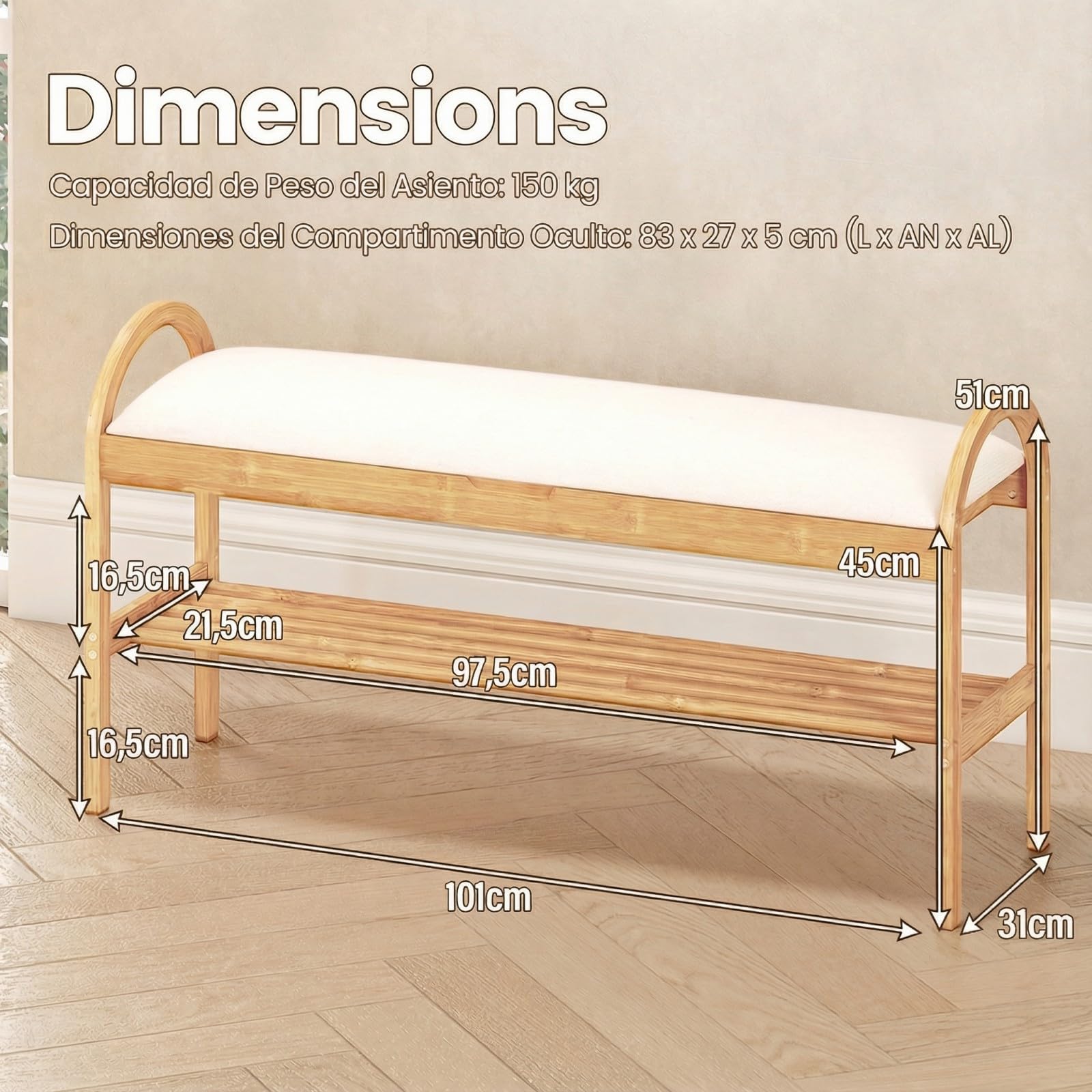 COSTWAY Banco Zapatero de Bambú, Banco para Zapatos con 1 Estante, Tapa Abatible Acolchada, Banco Zapatero Pasillo Entrada Salon, 101 x 31 x 51 cm (Beige)