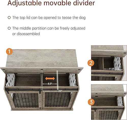 Miniatura 3 de OUYESSIR Mesa auxiliar para muebles para perros, jaula para perros con puerta corrediza con partición para dos cachorros, polea inferior, jaula