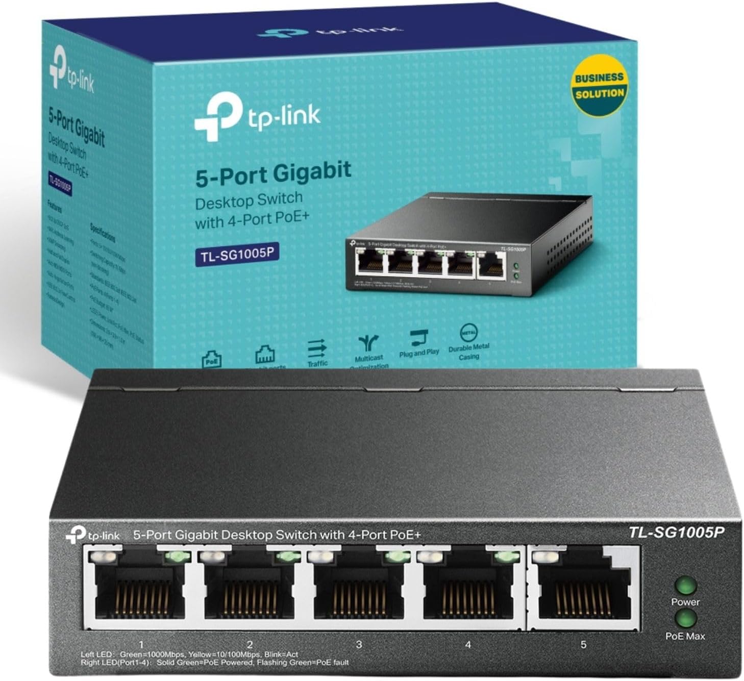 TP-Link TL-SG1005P 5-Port Gigabit Desktop PoE Switch with 4-Port PoE+, 802.3af/at 30W, 65W Total Budget, 802.1p/DSCP QoS for Traffic Prioritization, Intelligent Power Management, Metal Casing