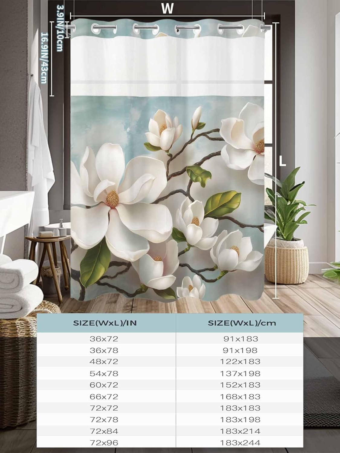 Flower Shower Curtain with No Hooks Snap in Liner Set, White Magnolia Flower Washable Fabric Farmhouse Bath Grey Green Curtain See Through Sheer Top Window for Bathroom Hotel Decor 72" W x 78 " L