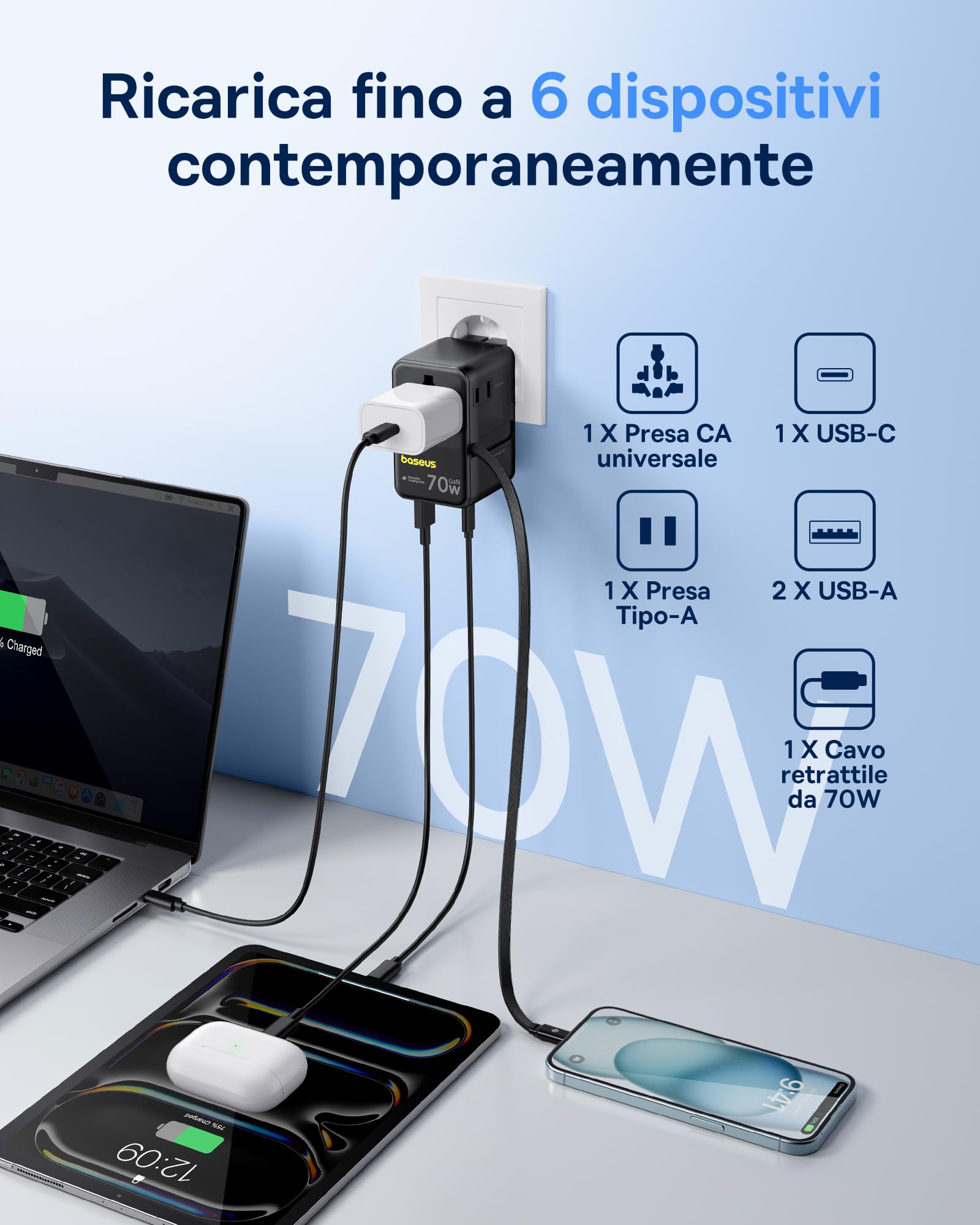 Baseus Enercore Adattatore da Viaggio Universale 70W con Cavo Estraibile, Spina Universale con 2AC + 2USB A + USB C, Adattatore Internazionale per USA, Regno Unito, Giappone, Thailandia, Australia