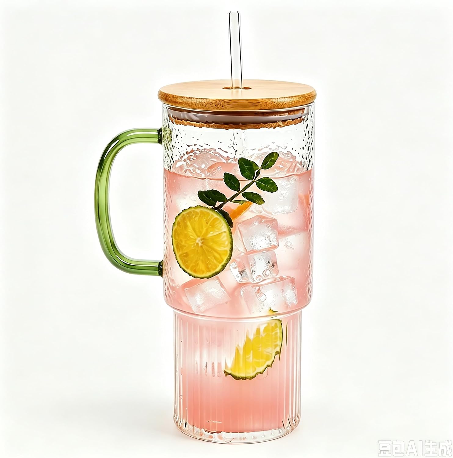 32oz Ribbed Borosilicate Glass Tumbler with Handle, Bamboo Lid and Straw (green-1 Pack-Bamboo Lid)