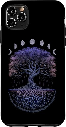 Funda para iPhone 11 Pro Max Yggdrasil nórdico árbol de la vida vikinga fases de la luna