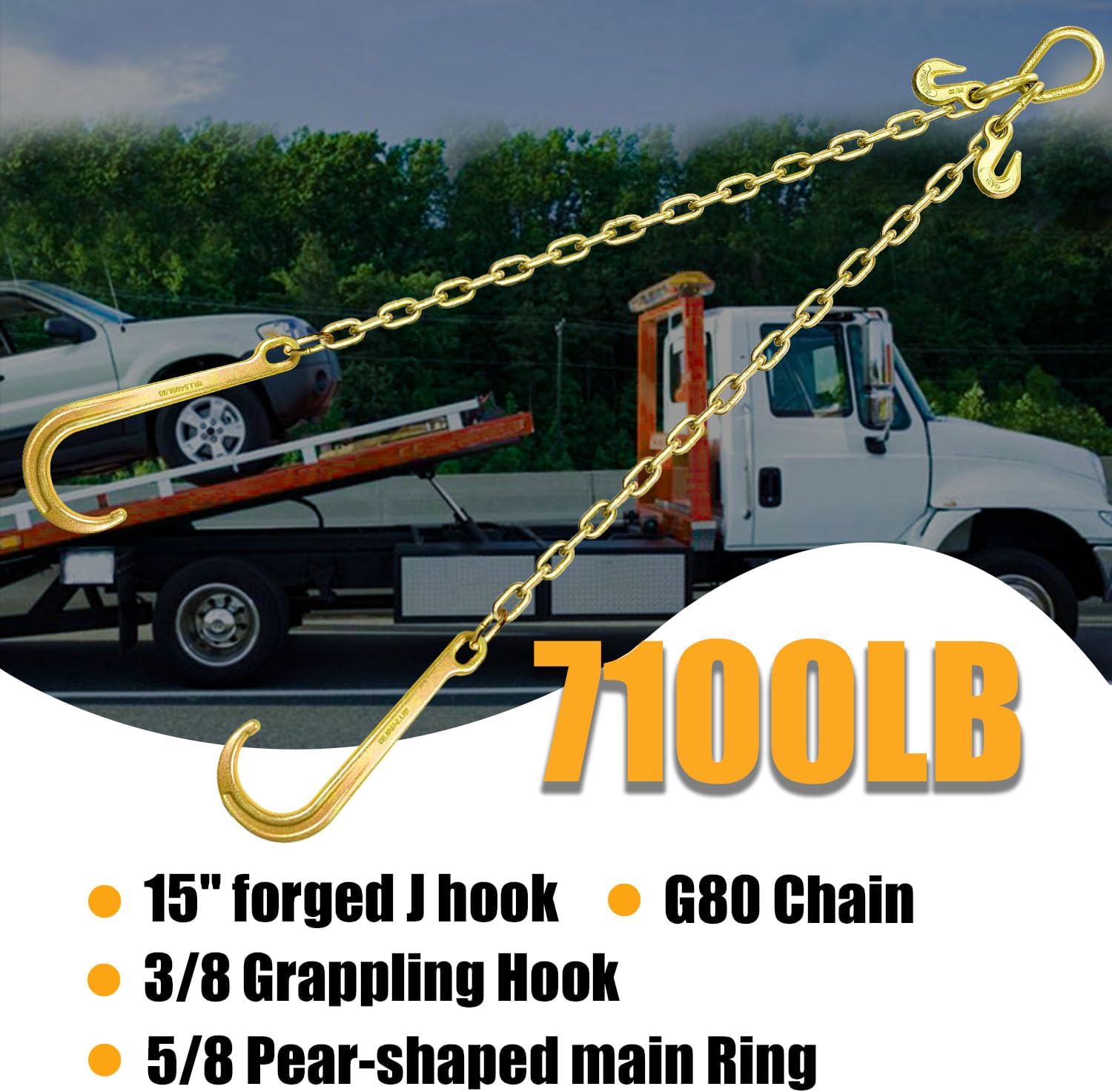 Grade 80 Chain V-Bridle | 3/8In x 2Ft Towing Chains Bridle with J Hooks and Grab Hooks | Transport Chain with 7,100LBS Safe Working Load | for Flatbed Truck Rollback Wrecker Carrier