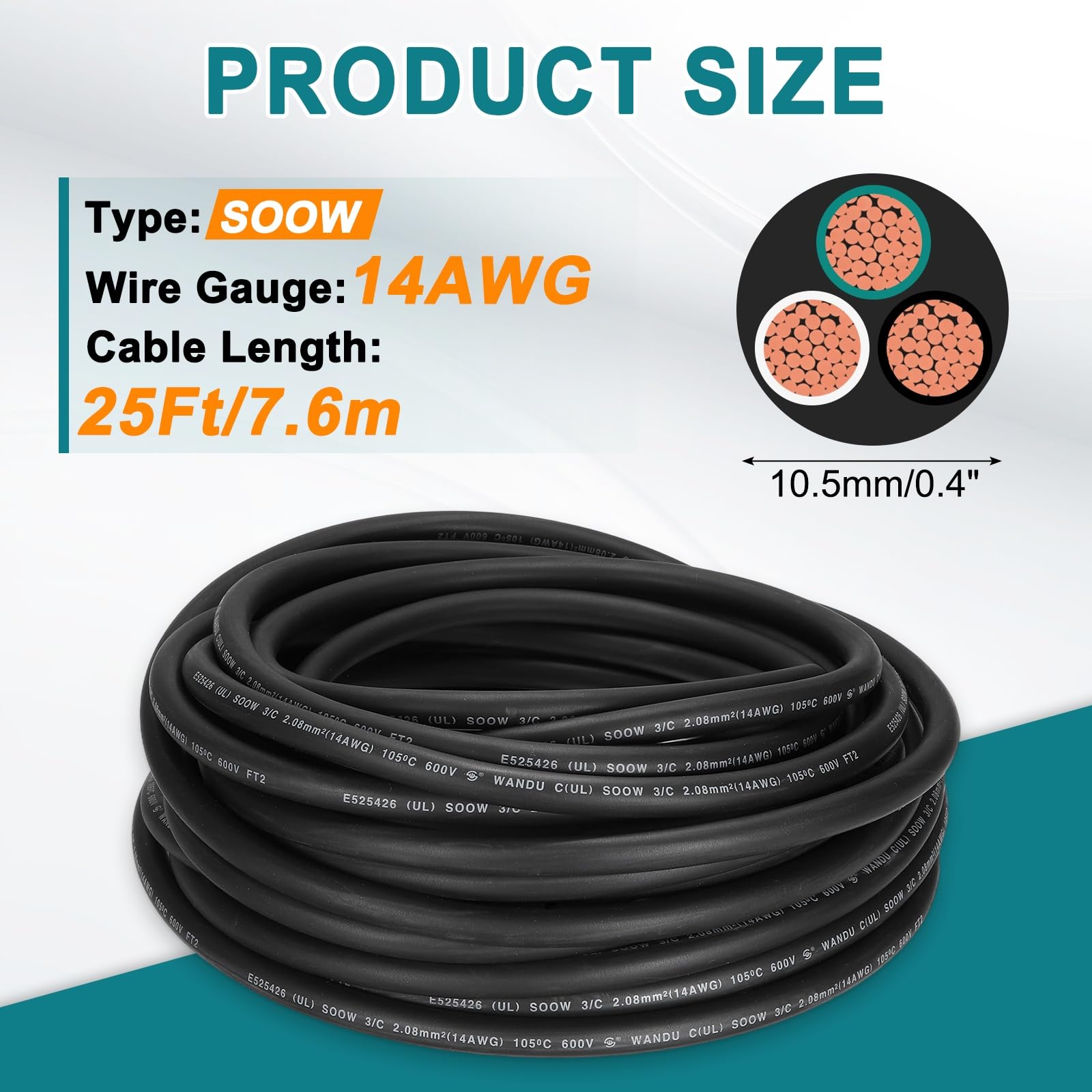 QUARKZMAN Cable Eléctrico SOOW Calibre 14 De 3 Conductores 25 Pies Cable Automotriz 14 AWG Cable De Alimentación Portátil 600V Para Generadores Luces LED Cargadores De Batería Cable