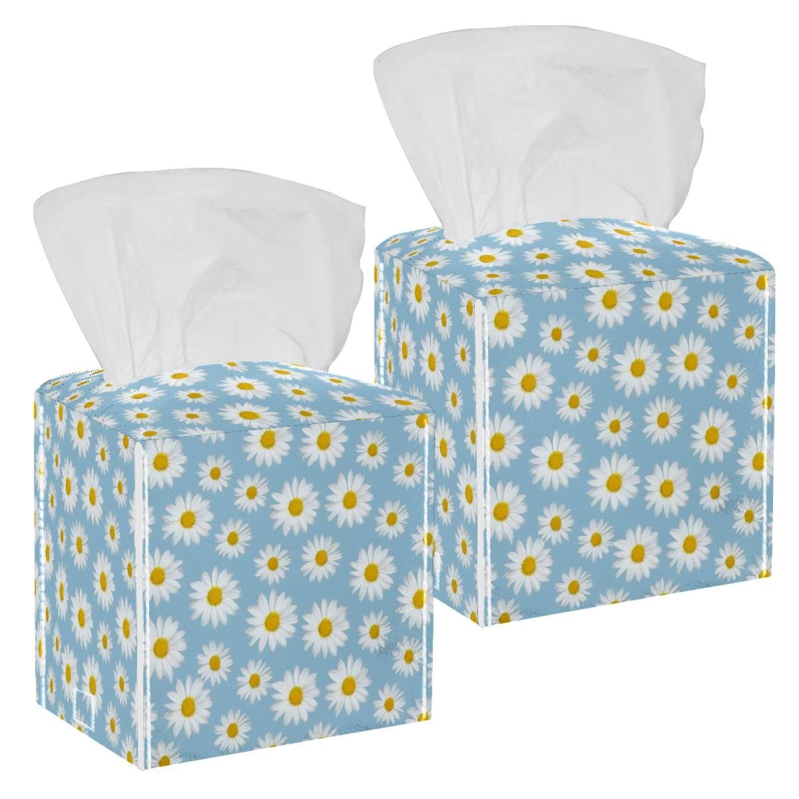 Aesthetic Flowers Tissue Box Cover, 2 Pack PU Leather Square Facial Tissue Dispenser Box holder for Home Office Car