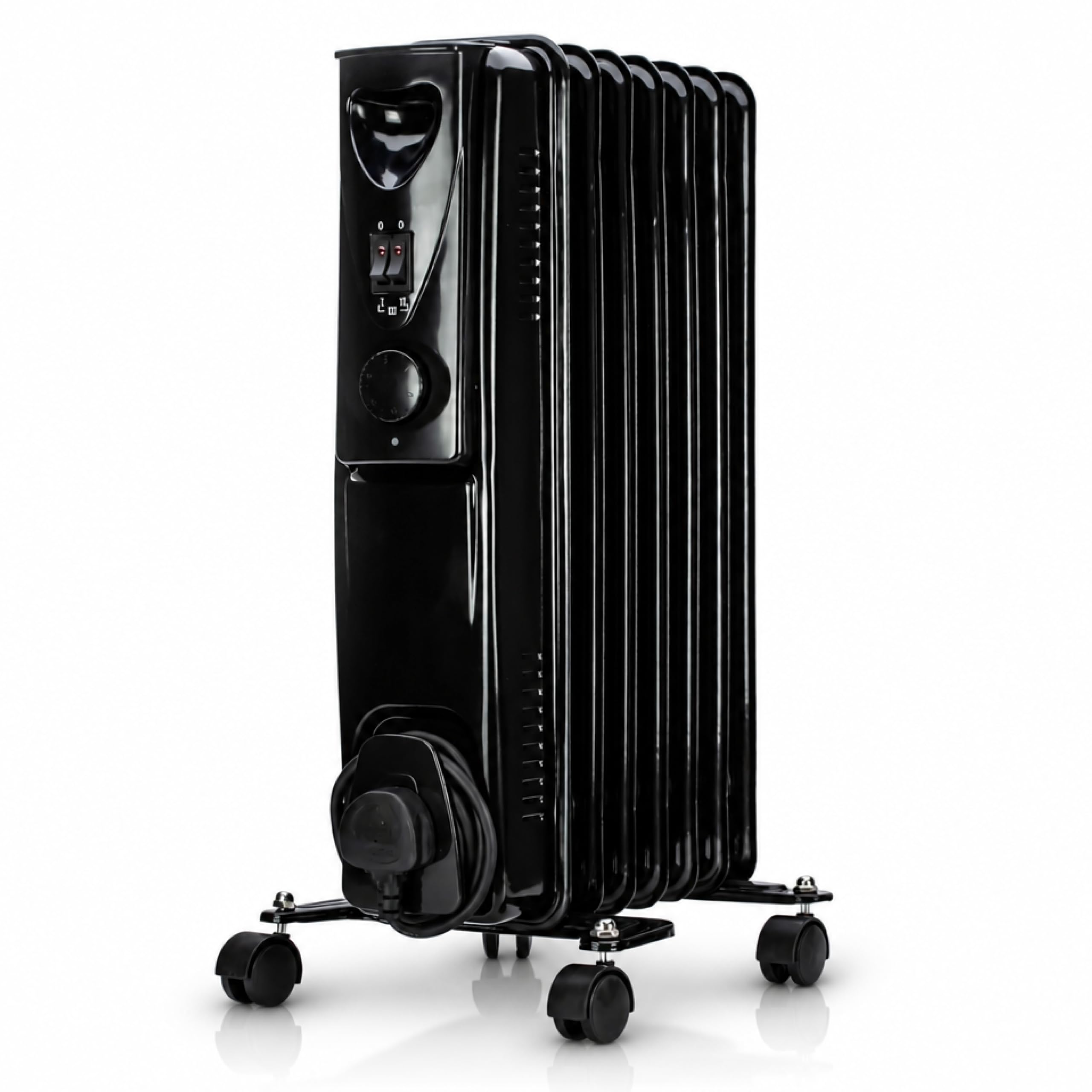 STATUS 7-Fin Oil-Filled Radiator 1500W Portable Heater, 3 Heat Settings, Adjustable Thermostat, Overheat and Tip-Over Protection, Black (OFHB7-1500W1PKB)