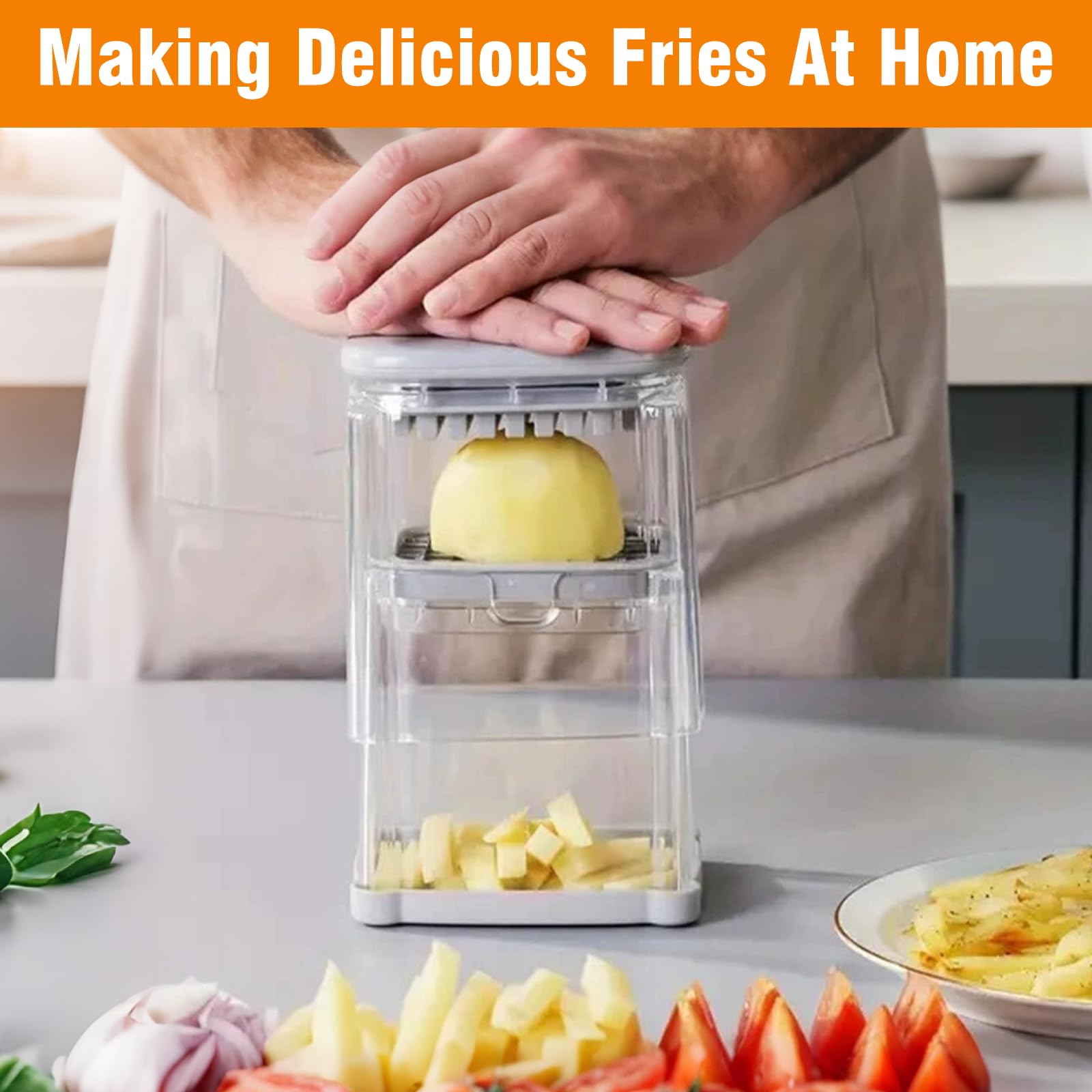 4 en 1 Coupe Frite Polyvalent avec Lame Inox, Coupe Légumes Manuel, Couper Rapide Frites, Boîte Hachage Alimentaire, Hachoir Aliments, Coupe Pomme Terre Multifonctions pour Frites, Fruits, Oignon