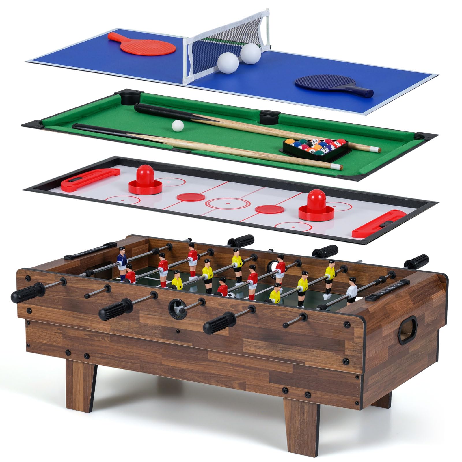 GYMAX 4 in 1 Multi Game Table, Combo Games Table Set with Foosball, Ping Pong, Hockey, Billiard, Complete Accessories for Kids Adults Party Gatherings (Brown)