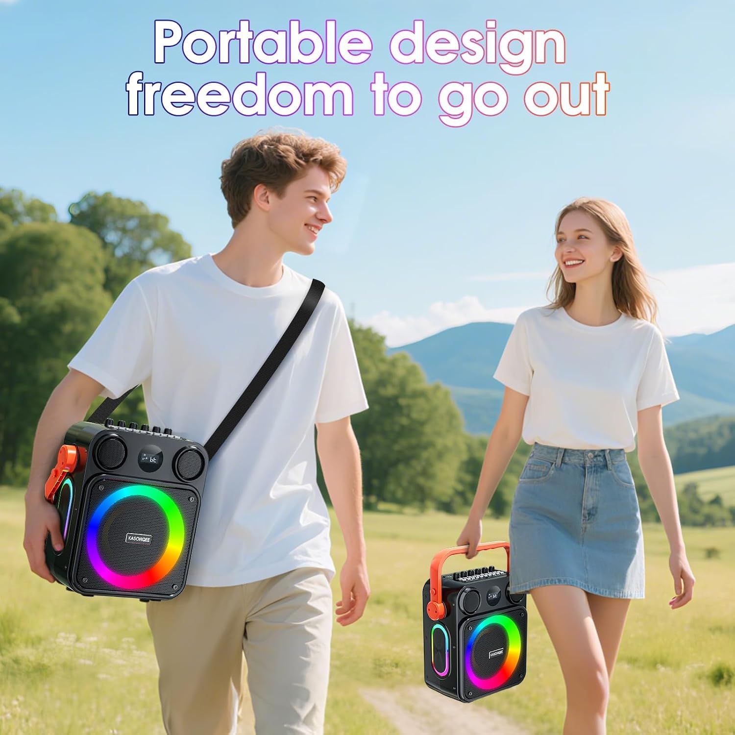 Karaoke-Maschine für Erwachsene, tragbarer Bluetooth-Karaoke-Lautsprecher mit zwei kabellosen Mikrofonen, 3,7-V-Lautsprecher, unterstützt TWS, TF-Karte/USB, AUX-Eingang, REC, Bass und Höhen für