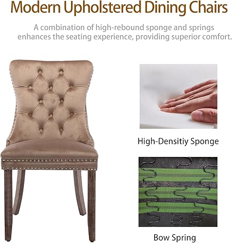 Miniatura 4 de Juego de 6 sillas de comedor de terciopelo, sillas de comedor tapizadas acolchadas con tirador de anillo trasero, ribete de tachuelas y patas de