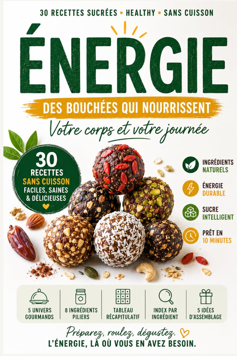 Énergie: 30 recettes sucrées healthy sans cuisson · Energy balls, barres et bouchées vitalité à préparer en quelques minutes