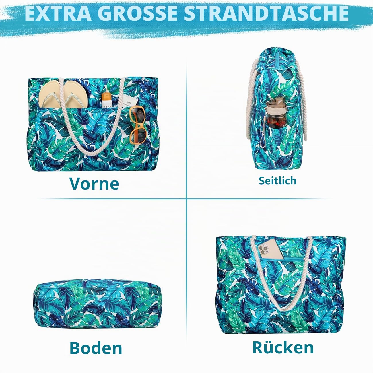 RAVUO Strandtasche Damen, Badetasche XXL Familie Extra Groß Wasserdicht Sanddicht Strandtasche mit Reißverschluss Beach Tote Bag