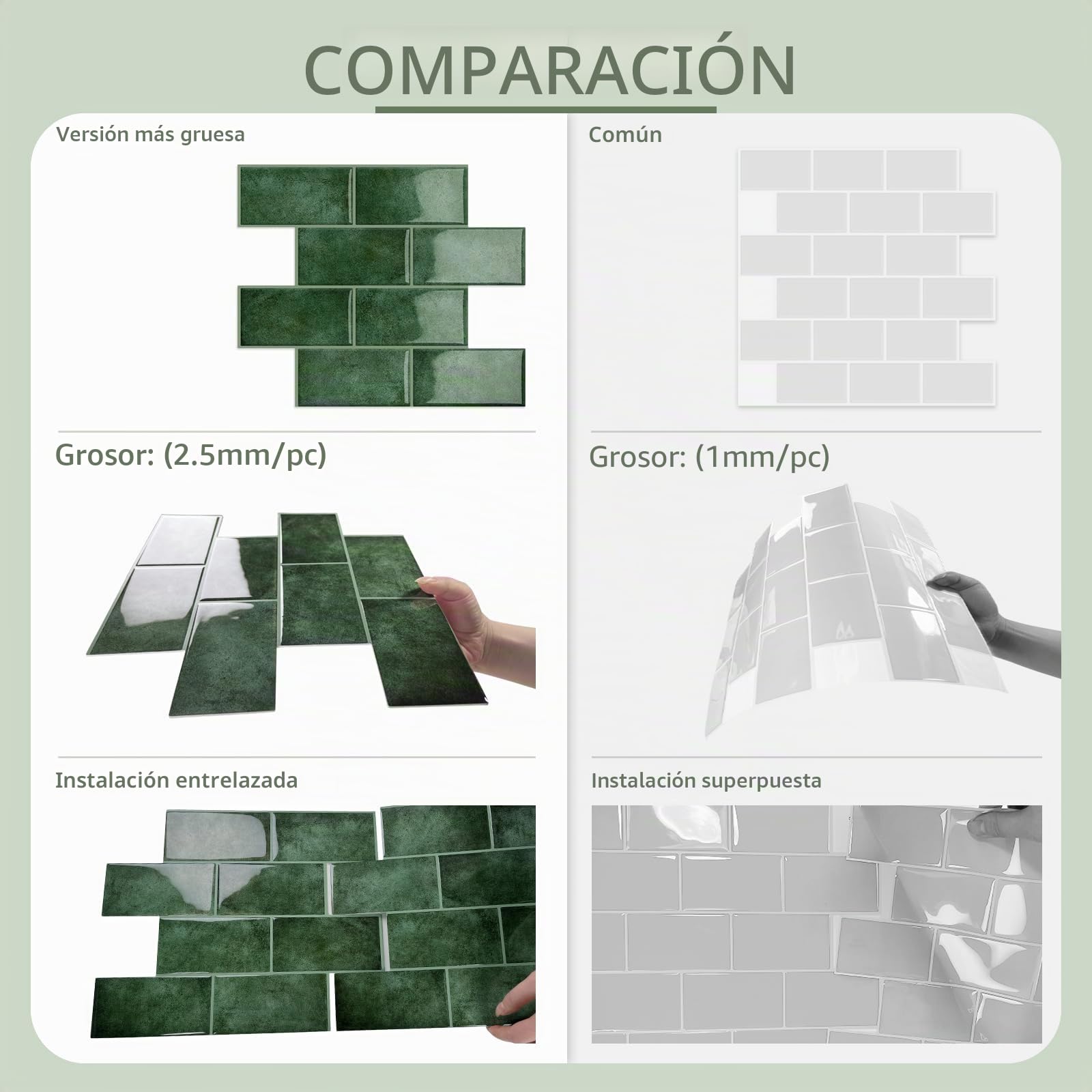 10-Piezas 3D Metro Adhesivo Grueso Azulejos Adhesivos Cocina | Autoadhesivos Vinilo Baldosas Azulejos Adhesivos, Baldosa Cuarto de baño Pared (Verde Claro,32 x 26.9CM)