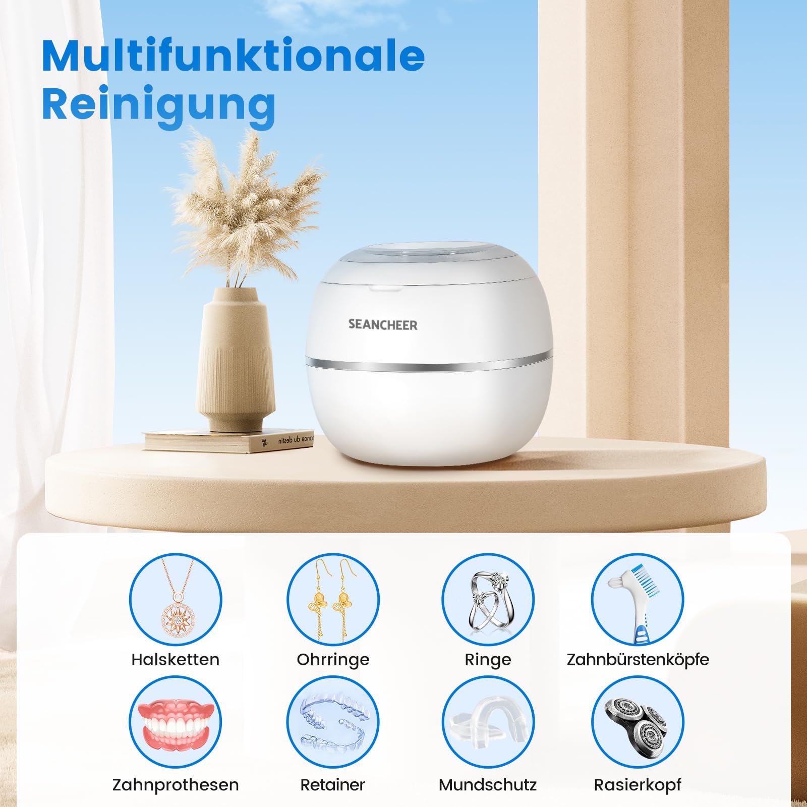 SEANCHEER Ultraschallreinigungsgerät 48000Hz Ultraschallreiniger 180ML | Ultrasonic Cleaner mit UV Lampe Ultraschallbad für | Zahnersatz | Retainer | Aligner | Prothesen | Zahnschiene | (Weiß)
