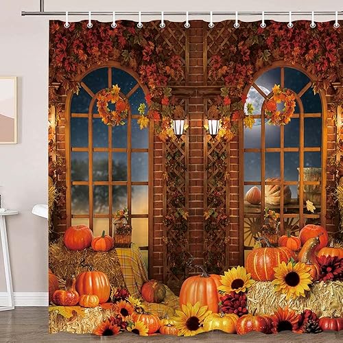 Cortina de ducha de calabaza de otoño, Acción de Gracias, calabaza, cosecha, paja, granja, granja, juego de cortina de baño, decoración de girasol,