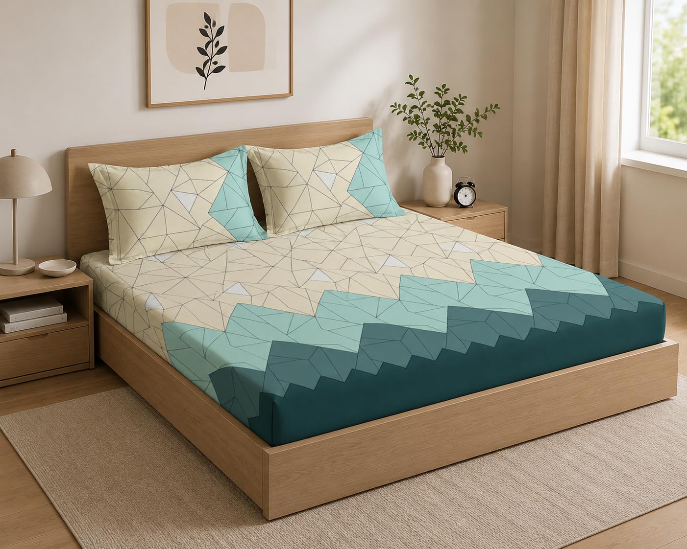LOOMLYFE 300 TC Cotton Feel Glace Cotton Elastic Fitted Printed King Size Double Bed Bedsheet with 2 Pillow Covers Fits Upto 8 inches Mattress, Size- 72X78 Inches, BeigeGreenTri