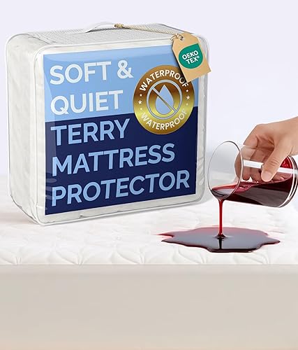 Miniatura 1 de Protector de colchón impermeable tamaño matrimonial, funda de rizo ajustable de alta calidad, silenciosa, suave, refrescante y transpirable, ajuste