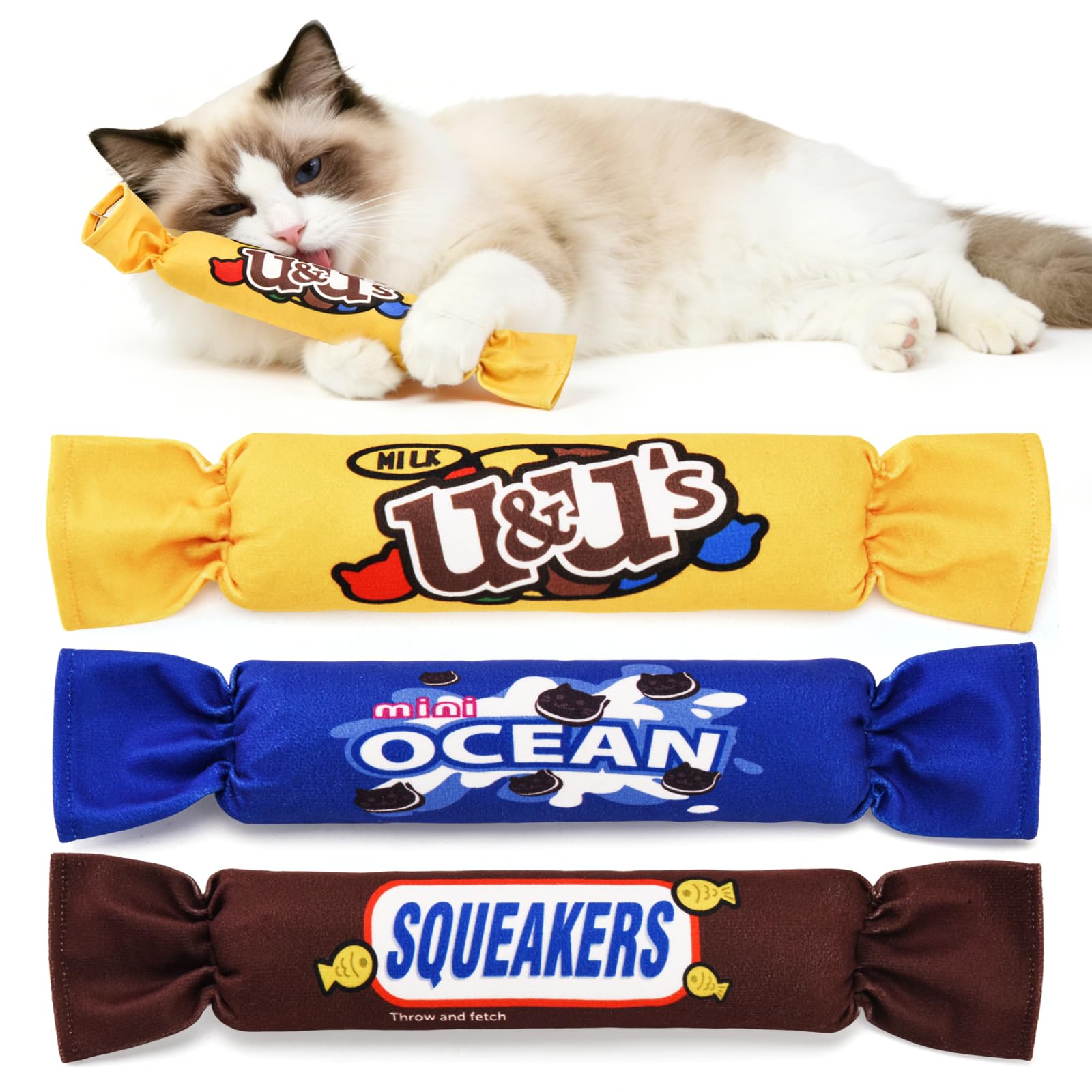 AUSCAT 3PCS Candy Shaped Catnip Toys for Cats, Crinkle Cat Toy, Interactive Cat Toys for Indoor Cats, Catnip Plush Toys for Indoor Cats, Kitten Toys