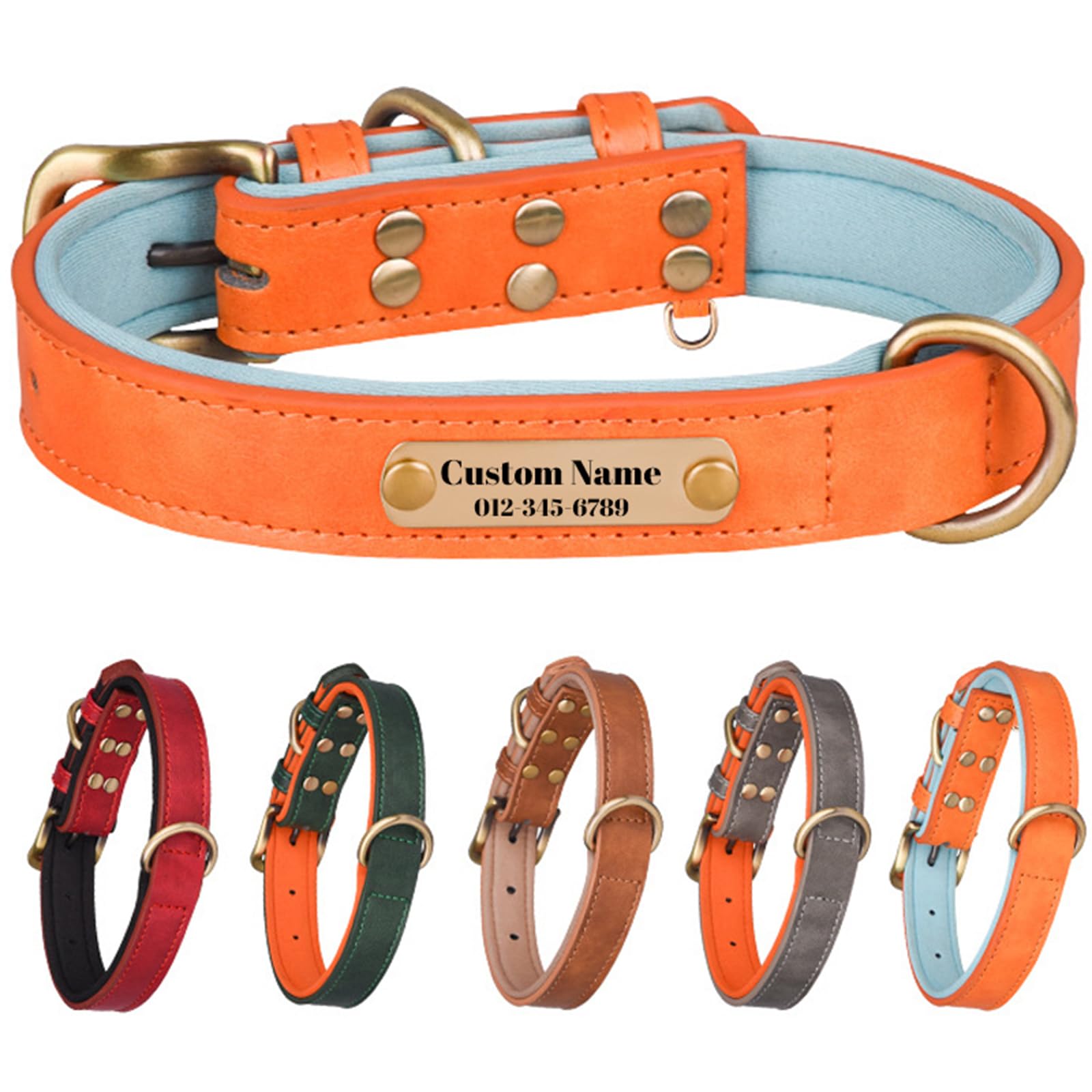Collar de cuero personalizado para perro, ajustable, personalizable para perros pequeños, medianos, grandes y XL, con placa de nombre grabable personalizada (naranja)