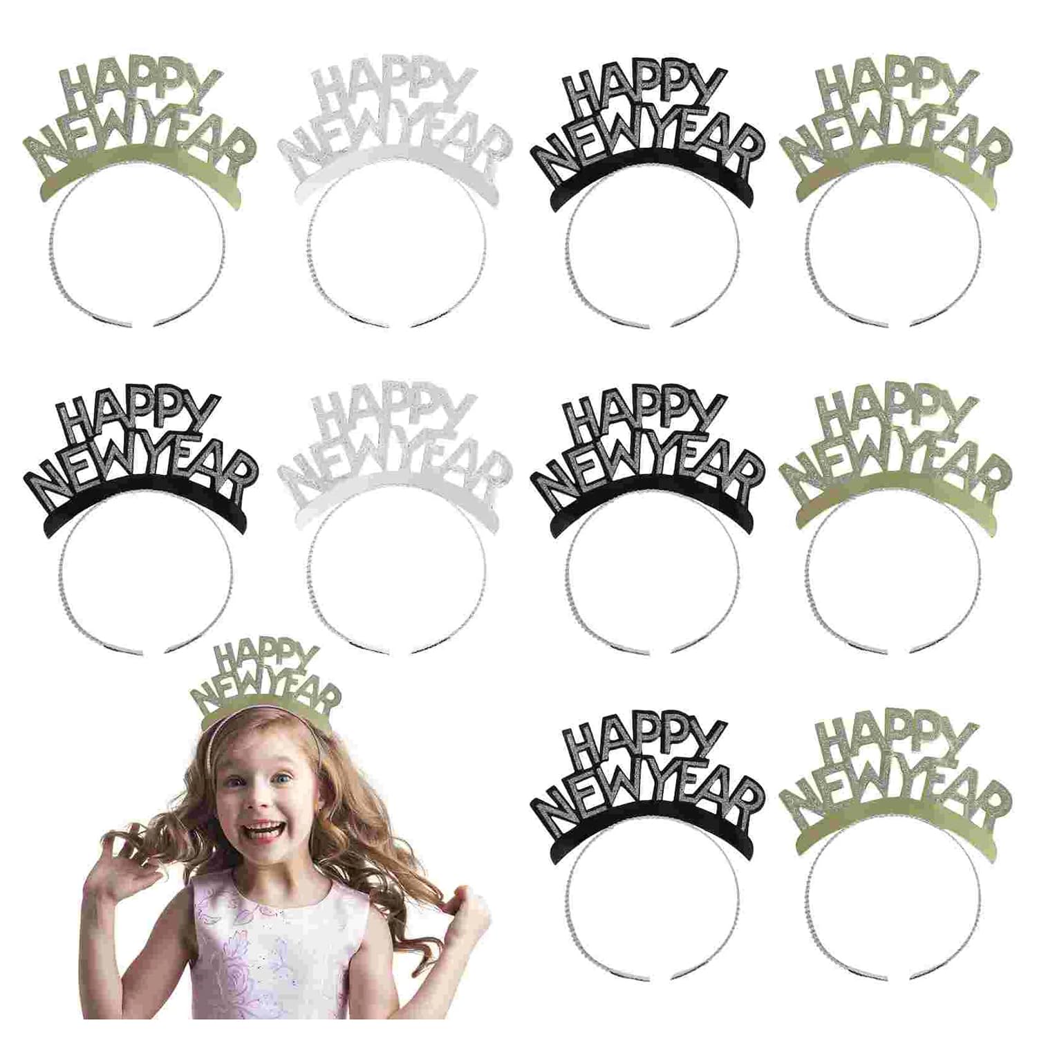 12pcs New Year's Headbands and Hats - NYE Crown, Happy New Year Headband, Party Hats, Eve Party Headbands, Tiara, Accessories for Kids Adults