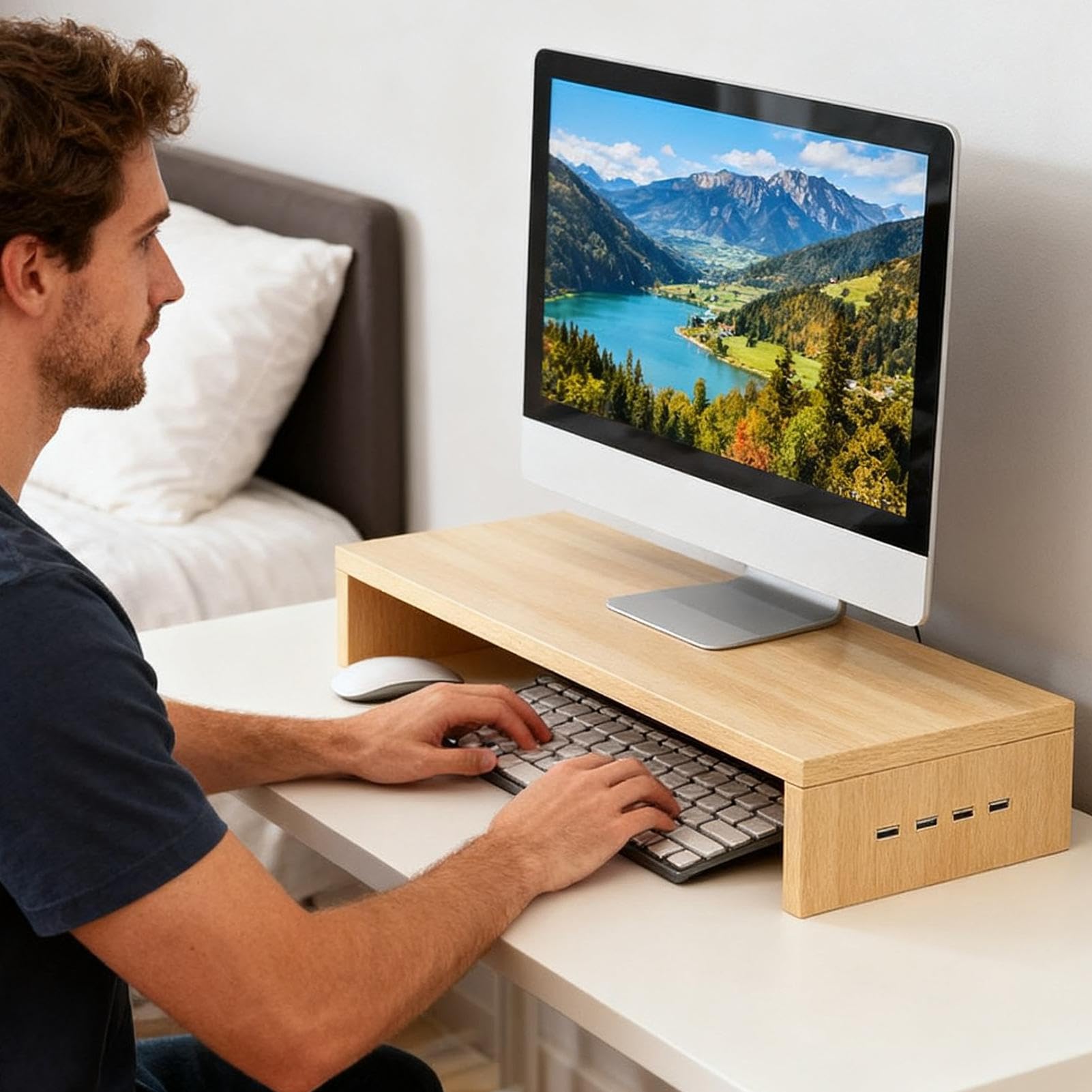 na monitor na biurko – ergonomiczne wsparcie z 4 portami USB, podstawka pod laptopa | do ekranu drukarki, laptopa, elektroniki, domu, szkoły, pokoju zabaw, nauki pracy