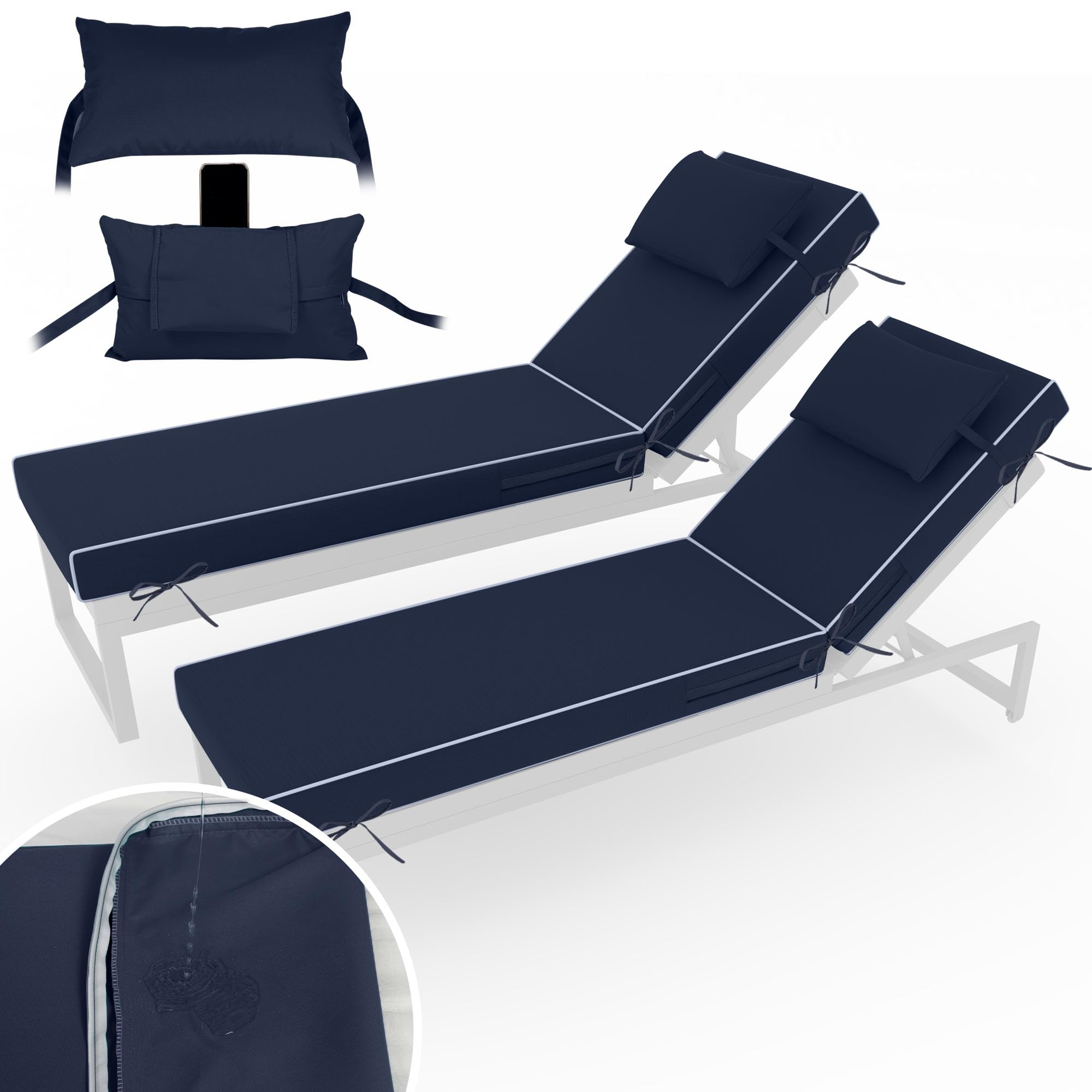 Chaise Lounge Cushions Outdoor Set of 2 Lounge Chair Cushion 72" L x 21" W with Headrest Straps 3'' Thick Waterproof PU Patio Chaise Cushions Pool Lounger Chair Cushion(Navy Blue)