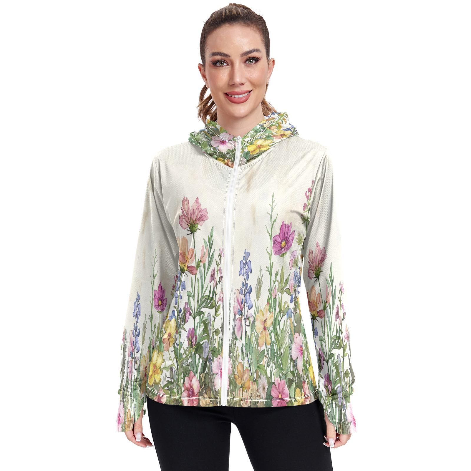 Kigai Flower Women's UPF 50+ Sun Protection Hoodie Jacket with Pocket Zip Long Sleeve Sun Shirt for Gardening Hiking Outdoor