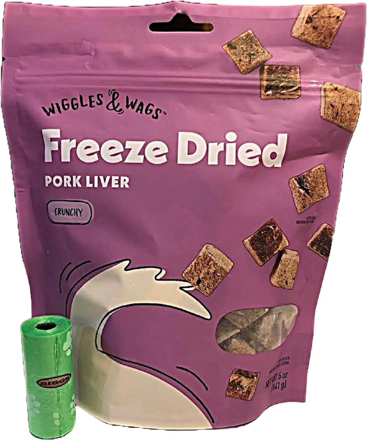 Wiggles & Wags Freeze Dried Pork Liver High Protein. 1-5 Ounce (141g) Bag. Plus Biggs Dog Waste Roll.
