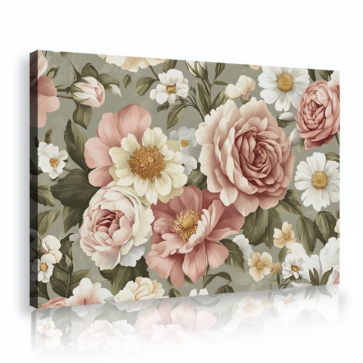 TOANGWALL Vintage Floral Rose Peony Canvas Wall Art Pink White Flower Botanical Poster Framed Painting Modern Mural Illustration Print Pictures Artwork For Nursery Guest Room Decor 60x90cm