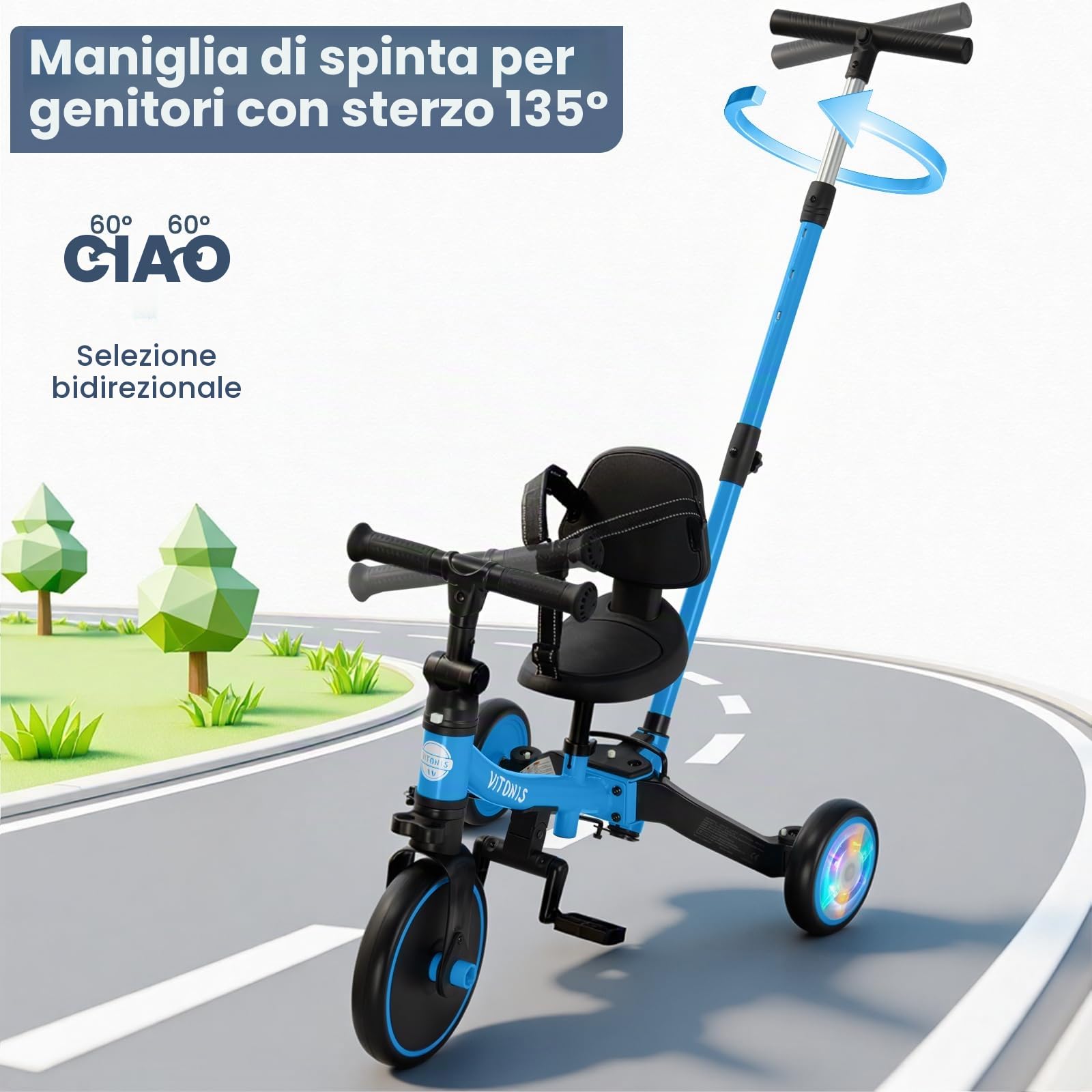 VITONIS Triciclo 5 in 1 per bambini dai 18 mesi ai 3 anni, con ruote lampeggianti, maniglione di spinta, schienale e cintura di sicurezza, regalo per bambini e bambine, bicicletta senza pedali, blu