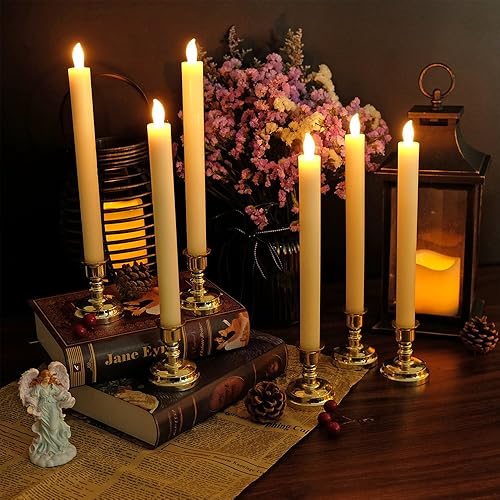 DRomance Ivory Flameless LED Window Taper Candles Battery Operated with Remote and Timer Dimmable Flickering Light Dinner Wedding Christmas Holiday Decor LED Candles(6 Pack Gold Holder Included)