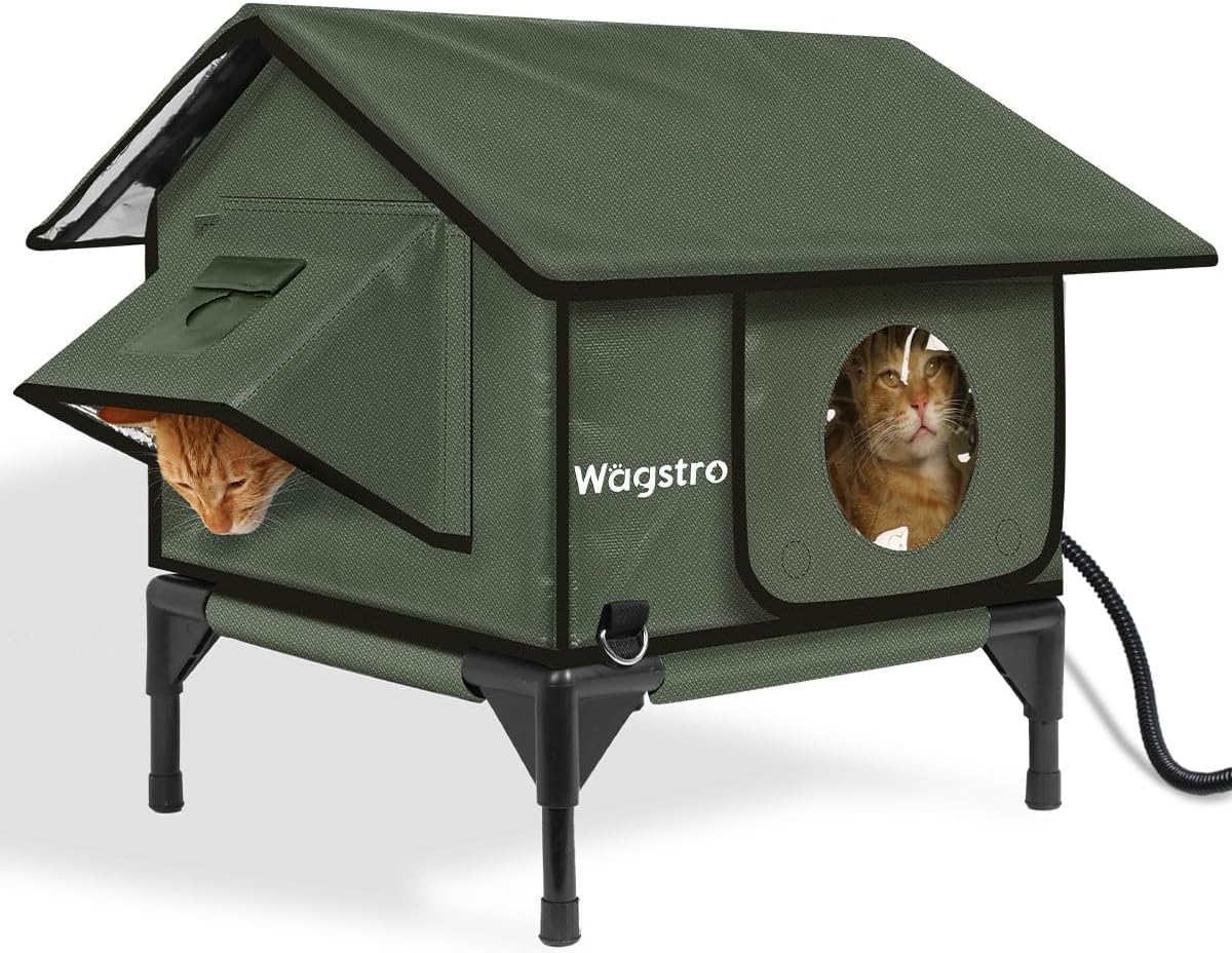 Gable Heated Cat House for Outside Cats in Winter, 100% Waterproof, Escape Door, Elevated, Insulated Outdoor Cat House Shelter with Heater for Feral Cat (Olive Green, 16"x16"x19") Olive Green 16"x16"x19"