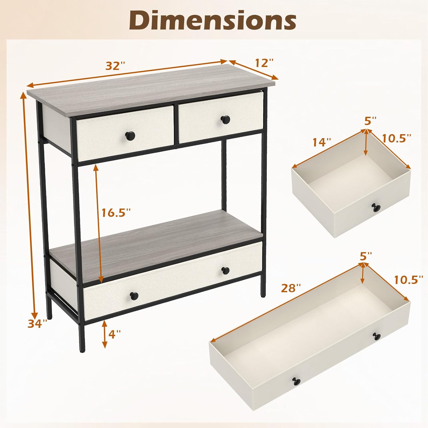 GOFLAME 32” Narrow Console Table with 3 Fabric Drawers, Behind Couch Sofa Table with Storage, Wooden Top & Metal Frame, Farmhouse Entryway Tables for Living Room, Hallway, Gray Oak & Beige