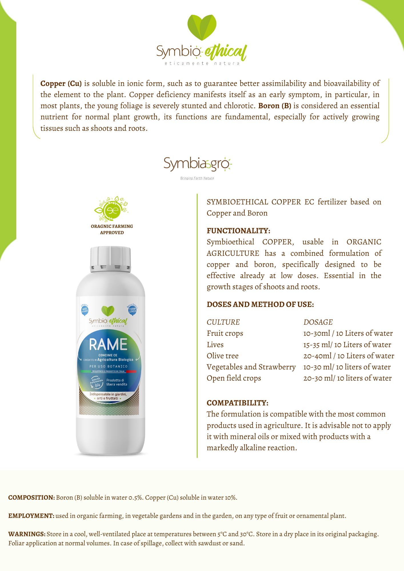 SYMBIOETHICAL - KUPFER, Flssiger CE-Dnger mit ionischem Kupfer und Bor,  Dnger fr biologische Landwirtschaft, Made in Italy, 500 ml