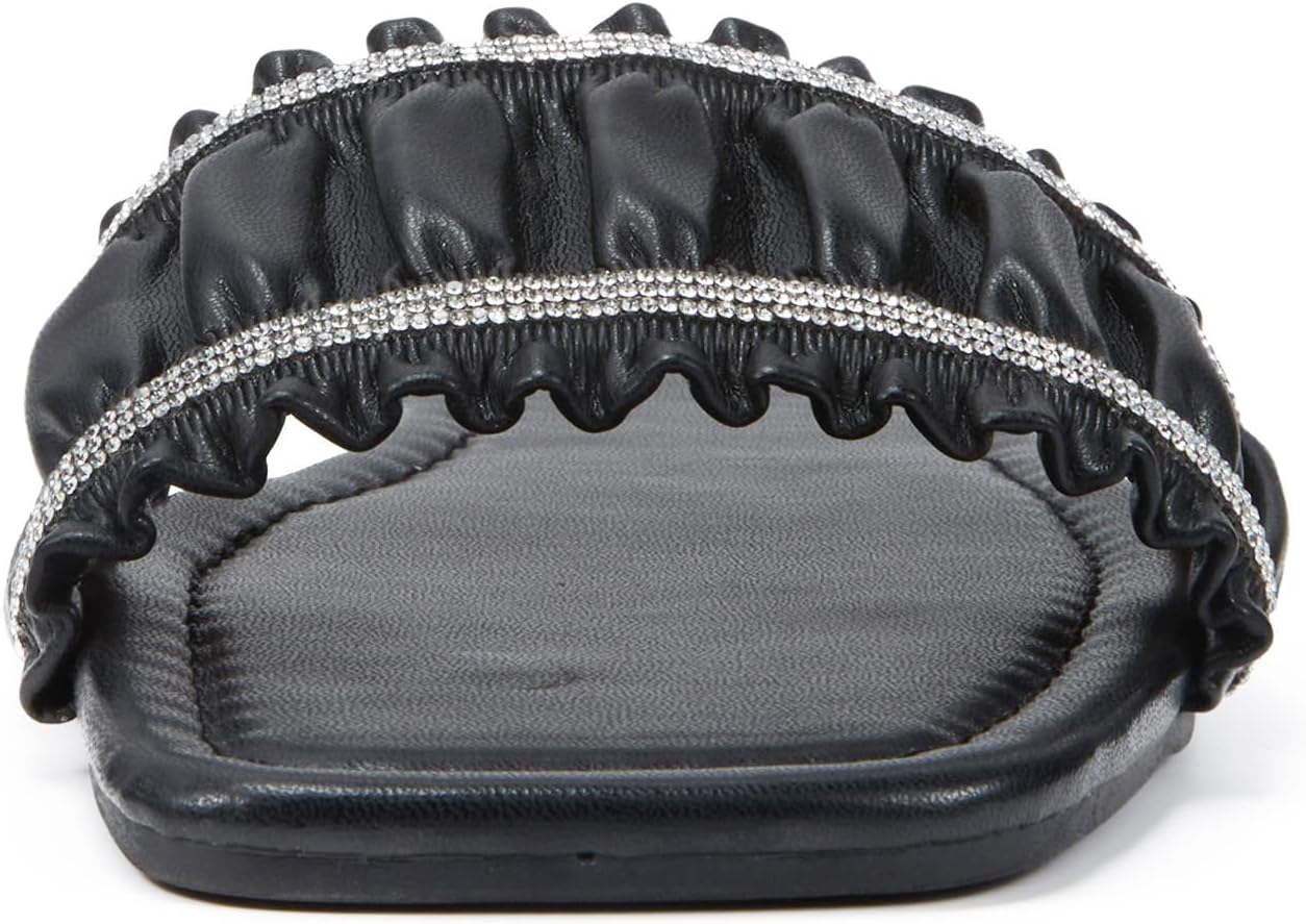 REDTOP Women's Square Open Toe Ruffle Flat Sandals Rhinestone Slip On Slides Sandals
