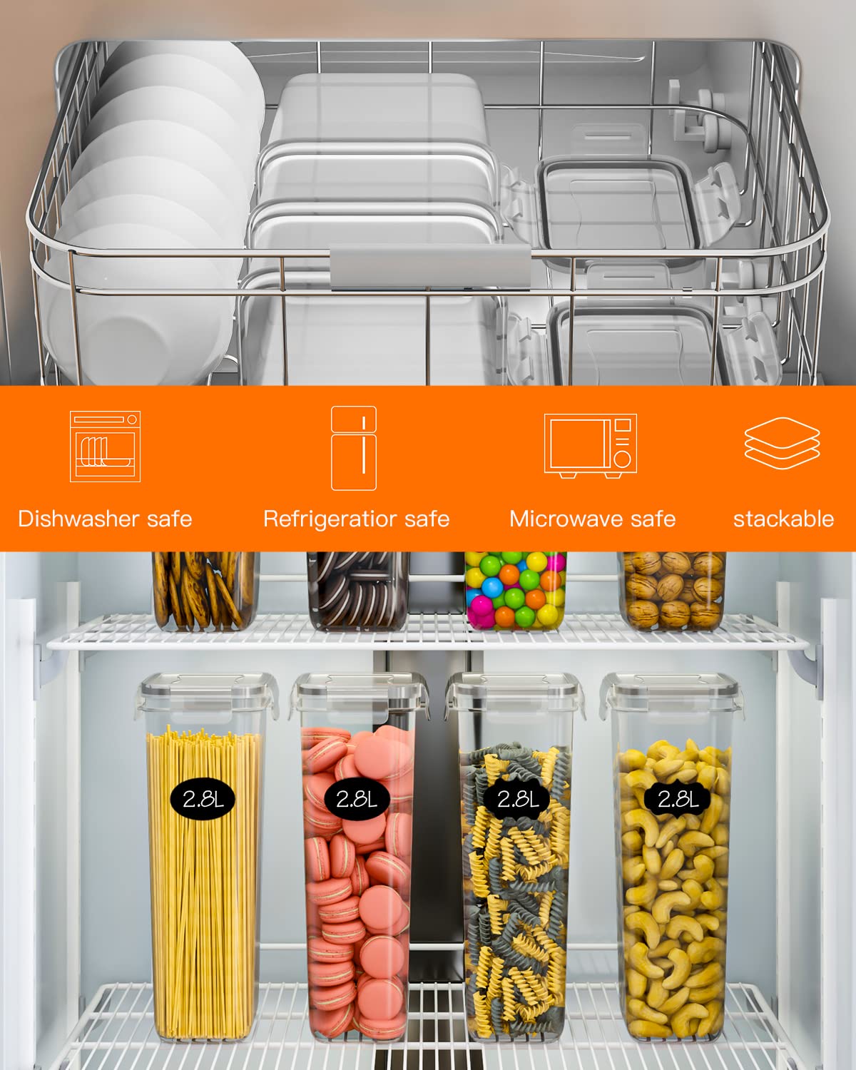 Set di Contenitori Alimentari per Cereali 16 Pezzi, Plastica con Coperchio 2.8L/2L/1.4L/0.8L per la Conservazione di Pasta, Muesli, Farina