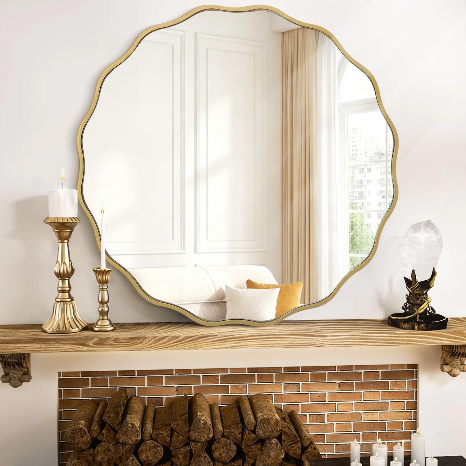 Mwazzll Gold Mirrors With Wavy Framed Wooden Round Wall Mirror Home Decor 45Cm For Bedroom Living Room Entryway Bathroom