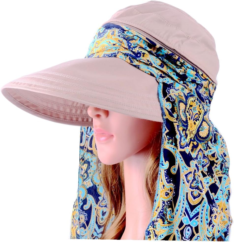 Wide Brim Visor Foldable UV Protection Sun Hat Outdoor Flap Hat for Women (Khaki)