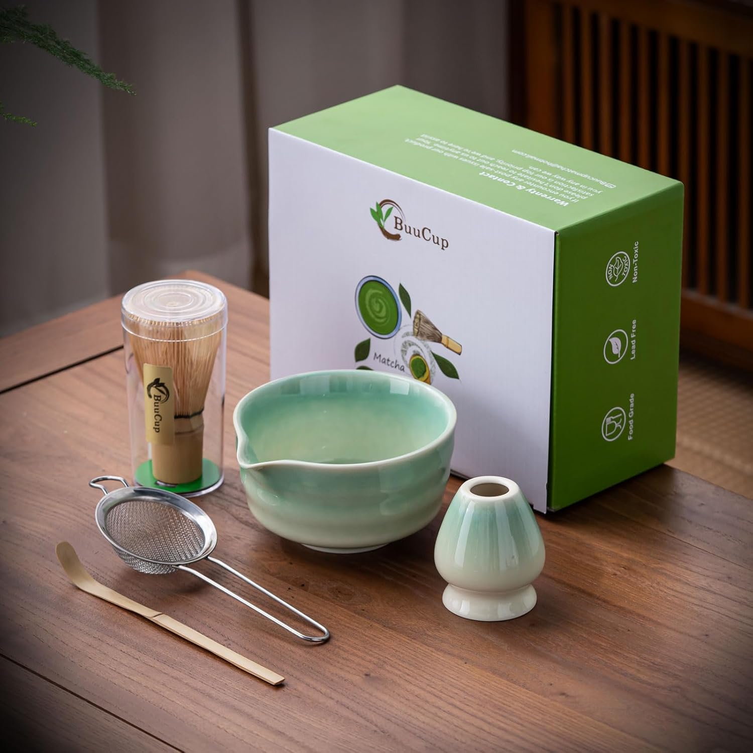 Japanese Matcha Set, Matcha Bowl with Spout, Matcha Whisk and Holder, Bamboo Matcha Scoop and Stainless Steel Sifter - 5 Pcs Gradient Green Matcha Kit for Matcha Lover - Image 2