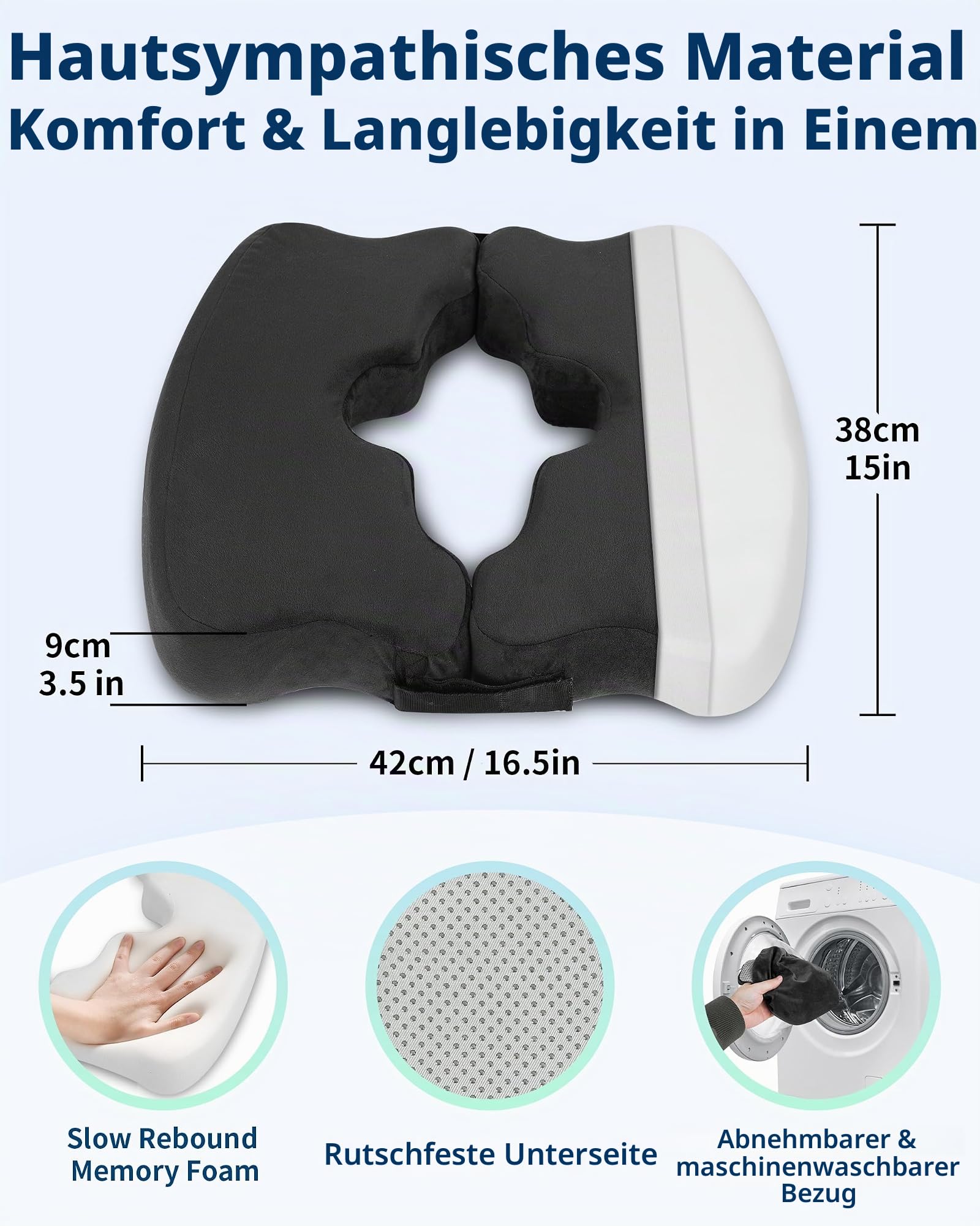 HOMCA Memory Foam Sitzkissen, Ergonomisches Hämorrhoiden Sitzkissen, Sitzpolster Steißbein Entlastung Steißbein Kissen mit Verstellbarer für Büro, Zuhause, Auto, Schwarz