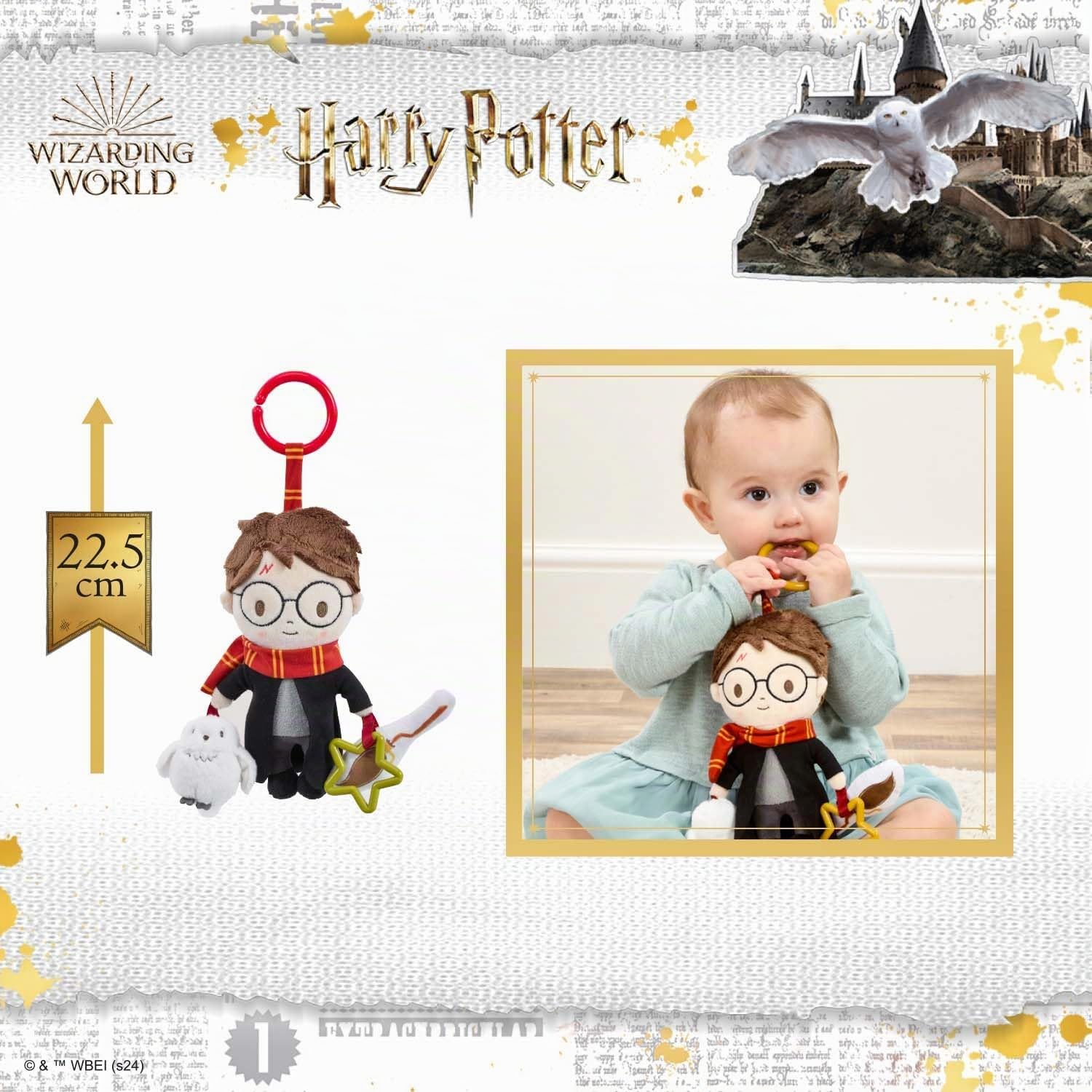 Harry Potter On the Go Activity Toy - Carrozzina e passeggino con clip giocattolo per neonati con scopa increspata e gufo che squittisce, giocattolo sensoriale di Harry Potter per bambini, accessorio