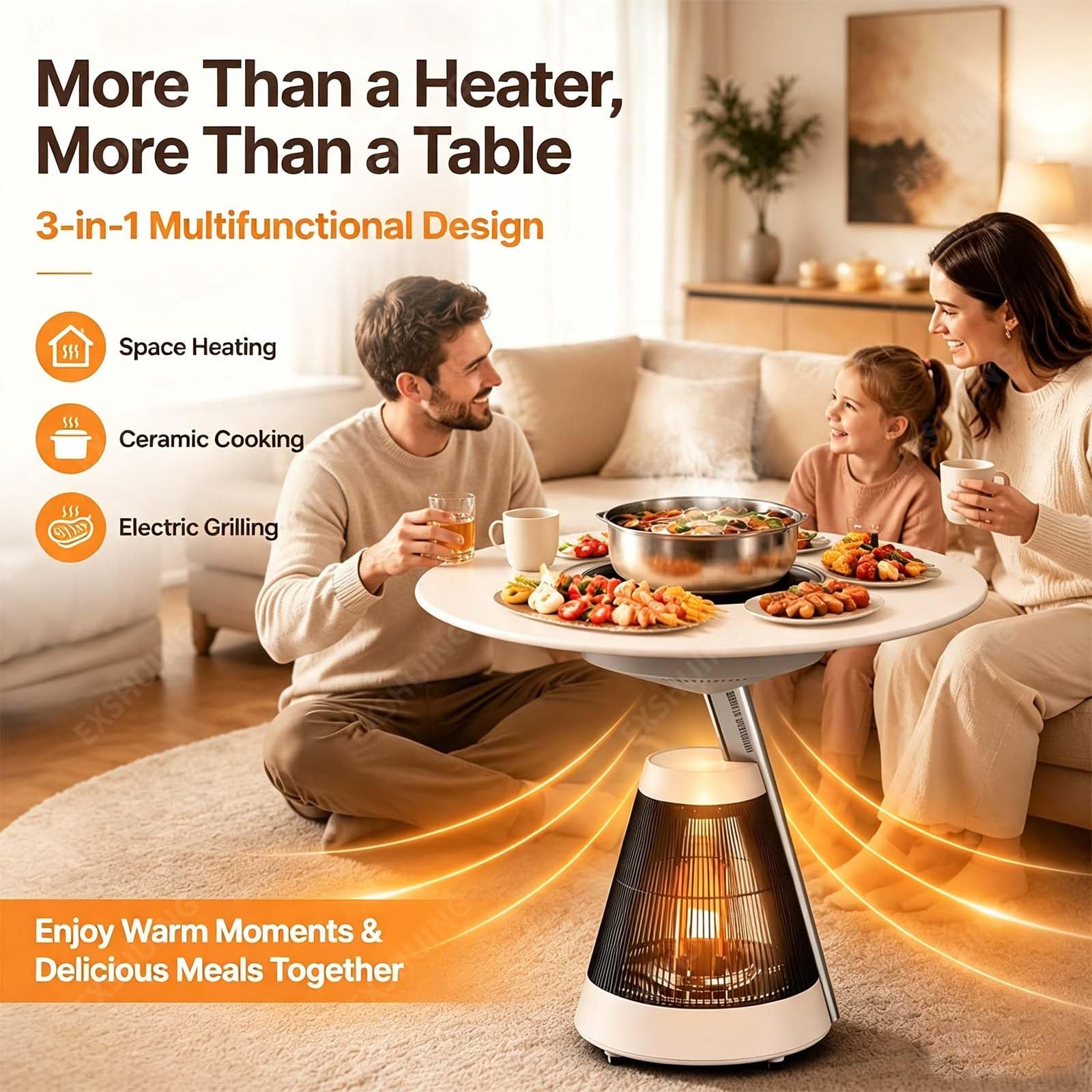 Kompakter Tischheizer Mit Grillfunktion, Ideal Für Studentenwohnheim | 1500-W-Cerankochfeld + 1000-W-360°-Warmluftfunktion, Zwei Timer, Touchpanel + Fernbedienung, Kindersicherung