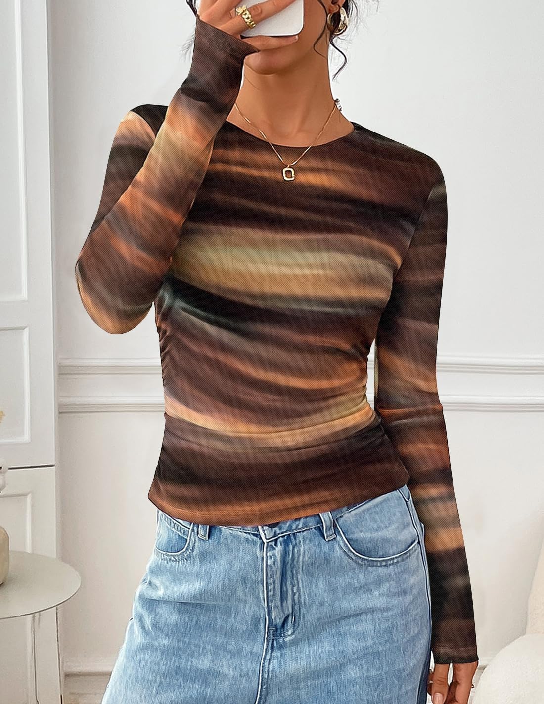 ZESICA Womens 2026 Spring Floral Mesh Going Out Tops Long Sleeve Crewneck Slim Fit Ruched Y2k Shirt Beach Vacation Outfit - Image 3